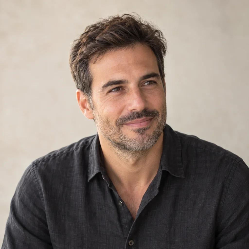 Retrato masculino con el cabello peinado y la línea frontal visible