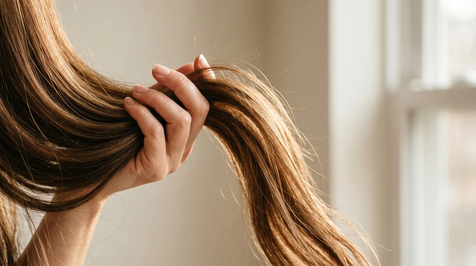Mechones de cabello humano sostenidos a contraluz