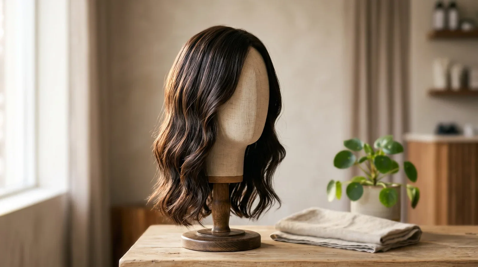 Peluca de cabello natural sobre un soporte de lino en el salón