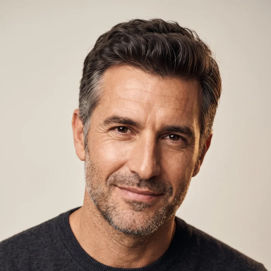 Retrato masculino con el cabello peinado y la línea frontal visible
